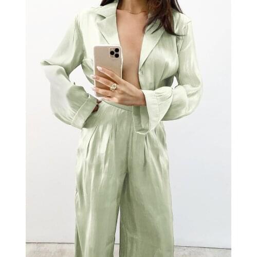 Women Falls Loose Long Sleeve Glossy Satin Suits Shirts Trousers Reflective Two-piece Faux Silk Pants Pajamas Suit Blusas Mujer