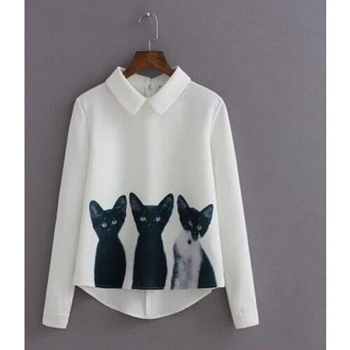 2019 High Street Korean Style Fashionable Female Spring Newest Tops Casual White Lapel Long Sleeve Three Cats Print Blouse