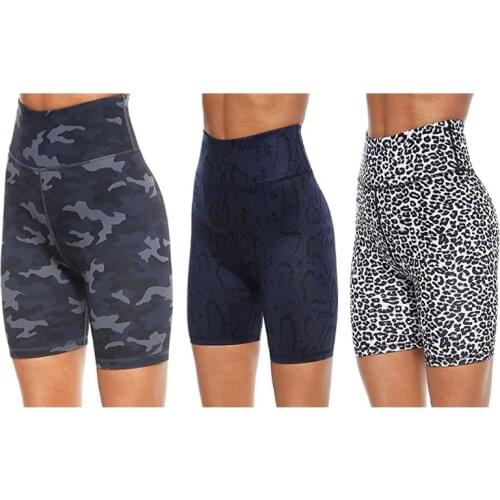 Women High Waist Workout Yoga Biker Shorts Leopard Camo Tummy Control Leggings F3MD
