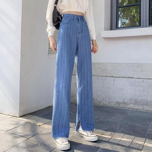 2021 spring and Autumn New Korean design retro versatile high waist wash vertical stripe split jeans womens wide leg pants