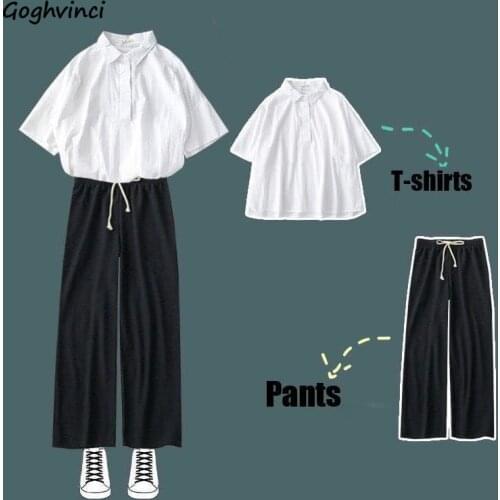 Women Sets Solid Short Sleeve T-shirt Ankle-length Wide Leg Pants Basic Preppy Style OL Ulzzang Fashion Outfit Soft Females Chic