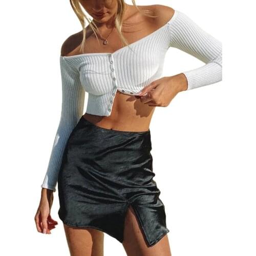 Women’s Fashion Long-sleeved Cardigan Solid Off Shoulder Single-breasted Exposed Navel T-shirts Button Front Summer Sexy Clothes