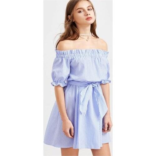 Women Sexy Slash Neck Ruffles Striped Dress Loose Off Shoulder Ladies Summer Casual Office Mini Dresses vestidos Beach Dress