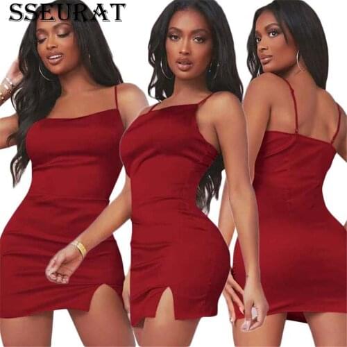 SSEURAT Summer Sleeveless Spaghetti Strap Silk Mini Dress Women Sexy Backless Elegant Satin Bodycon Party Dress