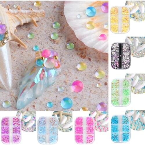6 Grids/Box Nail Ornament Aurora Effect Flat Back Manicure Tools Candy Colors Mixed Size Round Beads Nail Rhinestone Sets