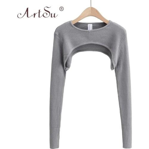 ArtSu Streetwear Autumn Long Sleeve Knitwear Women Solid O-Neck Slim Cut Out Crop Top Short T-Shirts Female Sexy Casual Tops