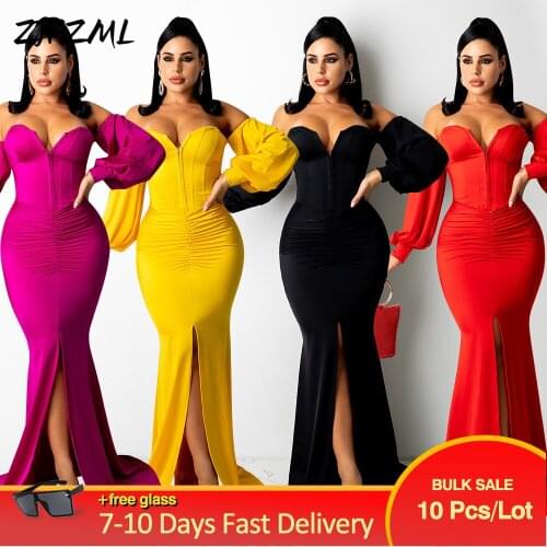 Bulk Items Wholesale Lots Womens Maxi Dresses Fashion Solid Zipper Front Full Sleeve Bodycon Robe Trendy Backless Mermaid Dress