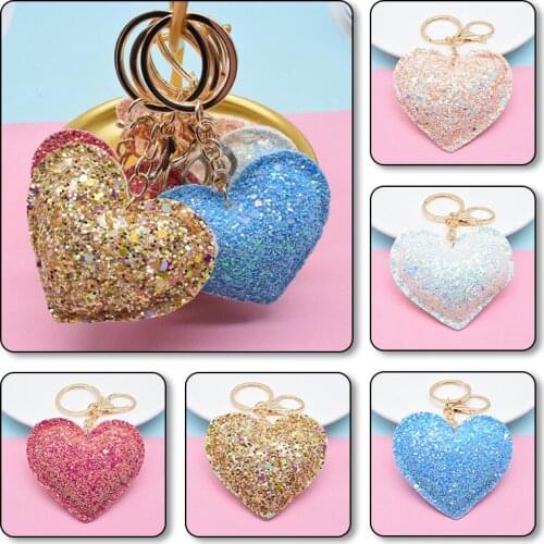 Bag Pendant Glitter Sequins Handmde Gift PU Heart Keychain Key Accessories Fashion Keyring Key Fob Creative Key Chain