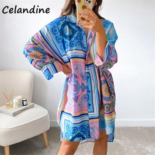 Celandine 2021 Summer Autumn Blouse Dress Women Mini Loose Print Casual Beach Long Sleeve Boho Dress Fashion Turn Down Collar