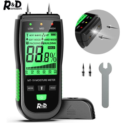 R&D MT-19 Wood Moisture Meter Digital Humidity Meters Wall Hygrometer Timber Damp Detector Building Humidity Tester Carton