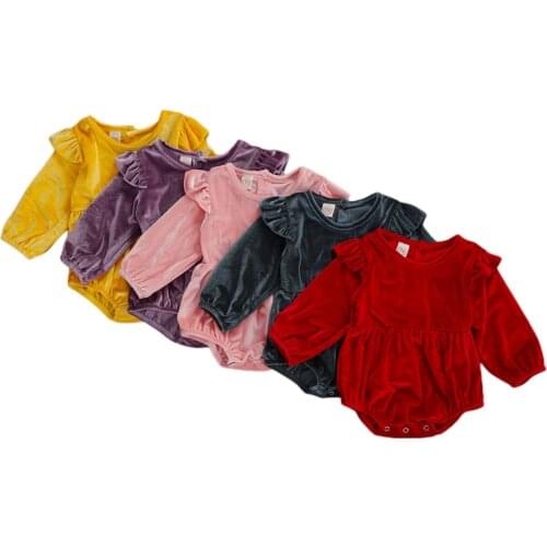 Citgeett 0-18M Newborn Baby Girls Boys Bodysuits Velvet Solid Ruffles Long Sleeve Button Jumpsuits Autumn Spring Clothing