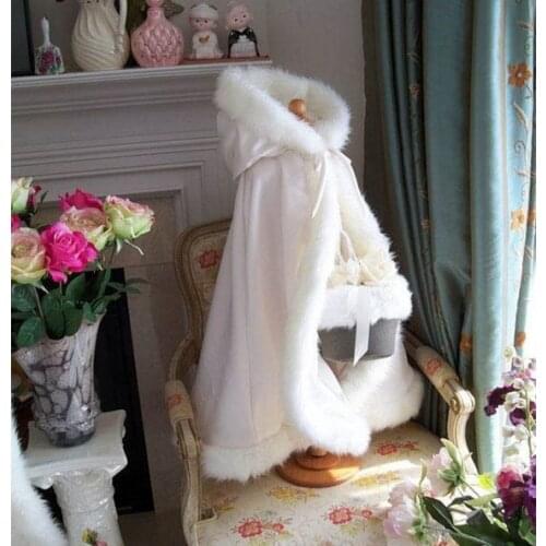 Floor Length Hooded Kids Cape Wedding Cloaks Faux Fur Jacket For Winter Kid Flower Girl Shrug dress