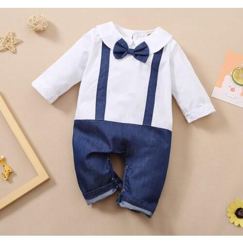 Baby Romper Newborn Baby Boys Cotton Long Sleeve Gentleman Outfit Tie Print Jumpsuit Romper Toddler Jumpsuits Bodysuits Outfits
