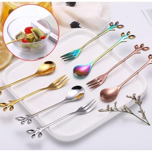 Stainless Steel Branches Leaf Pattern Coffee Tea Spoon Dinnerware Cutlery Fruit Dessert Fork Stir Spoon Kitchen Utensils