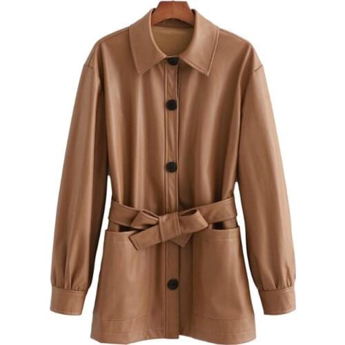 PUWD Vintage Woman Brown Loose PU Sashes Shirt Jacket Autumn Winter Fashion Ladies Thick Outerwear Female Casual Oversized Coats