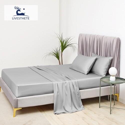 Liv-Esthete Beauty 100% Silk Gray Fitted Sheet Silky Mattress Cover Elastic Queen King Bed Sheets Pillowcase For Deep Sleep