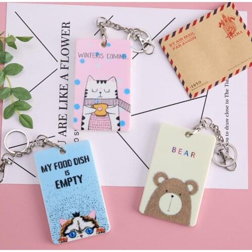 Cartoon Rabbit Cat Elk Owl Keyring Plastic ID Bus Credit Bank Card Holder Case