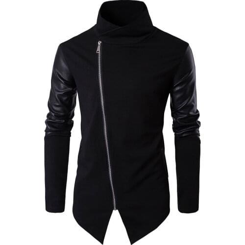 Fall and Winter 2020 New Fashion Black Leather Patchwork Turtleneck Jacket Coat Male Spring and Autumn Punk Motorcycle Coat Men