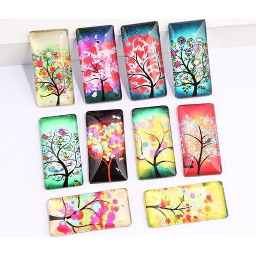 Reidgaller Mix Color Tree Pattern Photo Rectangle Glass Cabochon 10x25mm19x38mm diy flat back handmade jewelry findings T-29