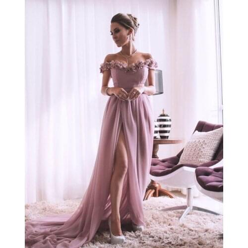 Pink bridesmaid dresses 2020 off the shoulder hand made flowers side slit chiffon a line long prom dresses wedding party dress