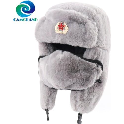 CAMOLAND Winter Thermal Faux Rabbit Fur Bomber Hats Women Men Soviet Army Military Badge Russia Hat Face Neck Earflap Snow Caps