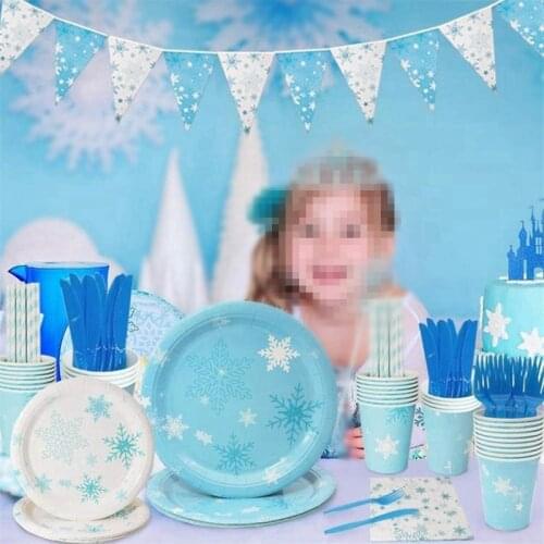 Snowflake Theme Paper Cup Plate Napkin Disposable Birthday Baby Shower Winter Party Tableware Decoration Suit Supplies