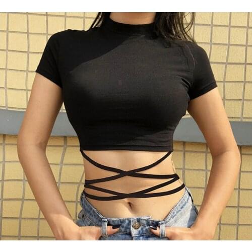 New Women Slim Black Bandage Tops Summer Casual Crop Top Short Sleeve Young Girls Fashion T-Shirt S M L
