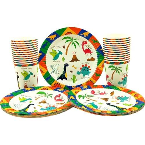 Party supplies 48pcs New Dinosaur theme party kids birthday party tableware set, 24pcs dessert plates dishes+24pcs cups glasses