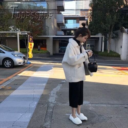 2019 Winter Lambswool Korean Loose Pure Color Women Coat Pocket Lapel Female Jacket