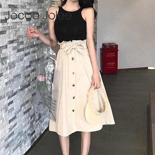 Women Summer Autumn Korean Long Skirts Elegant High Waist Tie Up Bow Sash Midi Knee Length Skirt Female Pleated School Skirt