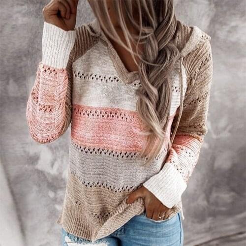 Women Striped Knitted Hoodies Winter Casual V-neck Long Sleeve Patchwork Pullover Jumpers Female Loose Hooded Sweater Tops