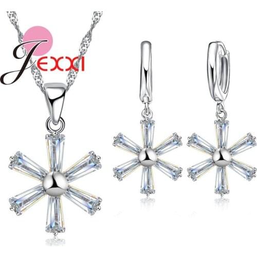 New Fashion 925 Sterling Silver Womens Jewellery Set White Cubic Zirconia Crystal Pendant Necklace Earrings Set For Female