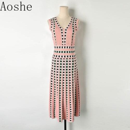 Double V Neck Light Silk Contrast Plaid Knitted Sleeveless Mid - Long Dress Women