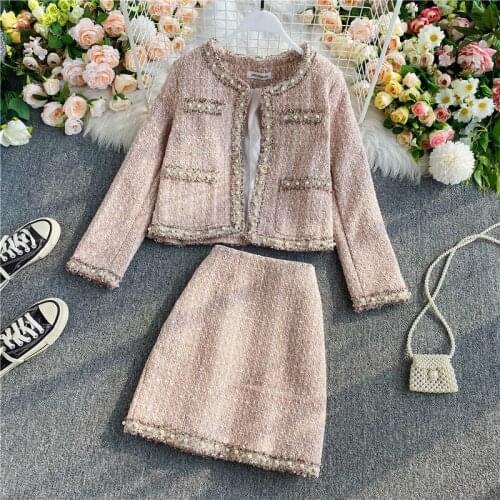 2021 Autumn new design womens o-neck long sleeve tweed woolen beading coat and a-line skirt 2 pcs dress twinset suit ML