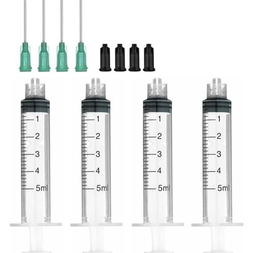 4 Pack 5ml Syringes with Blunt Tip Needles and Storage Caps Plastic Syringe for Glue Applicator, Oil Dispensing Multiple Uses