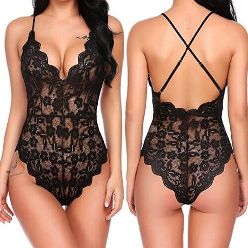One-Piece Sexy Lingerie Bodysuit Women Bra Set Perspective Transparent Open Backless Solid V-neck Floral Lace Lingerie Bodysuit
