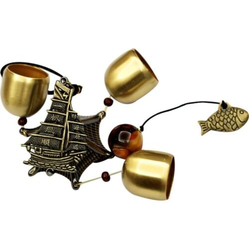 Feng Shui Dragon Boat Ship Plain Sailing Statue Bronze Color Temple 3 Bells Windchimes W3008