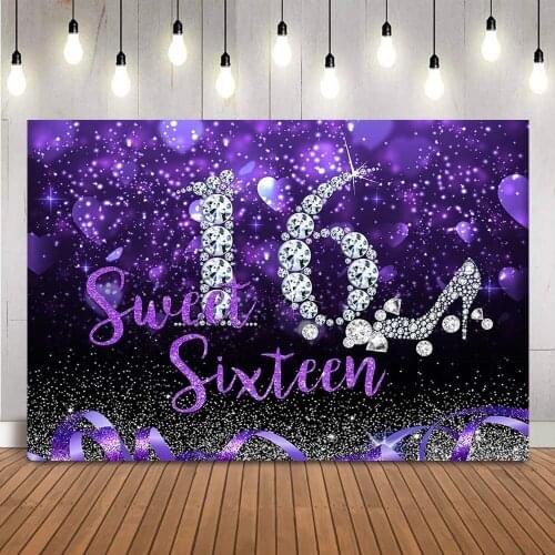 16 Sweet Birthday Backdrop Purple Love Heart Bokeh Glitter Birthday Background for Photo Studio sweet sixteen birthday party