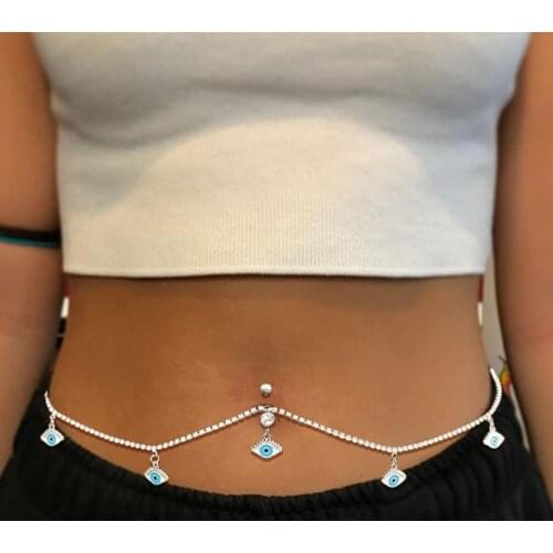 Stonefans Evil Eye Navel Nail Piercing Ring Sexy Waist Chain Body Jewelry Rhinestone Dangle Belly Button for Women Beach Jewels