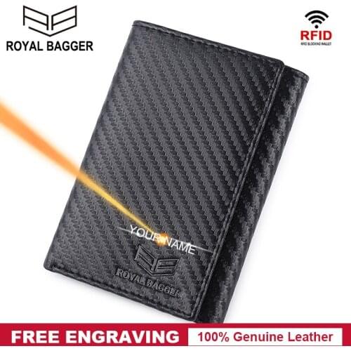 Royal Bagger Carbon Fiber Men Short Wallet Large Capacity RFID Block Card Holder Genuine Cow Leather Wallets business Purse