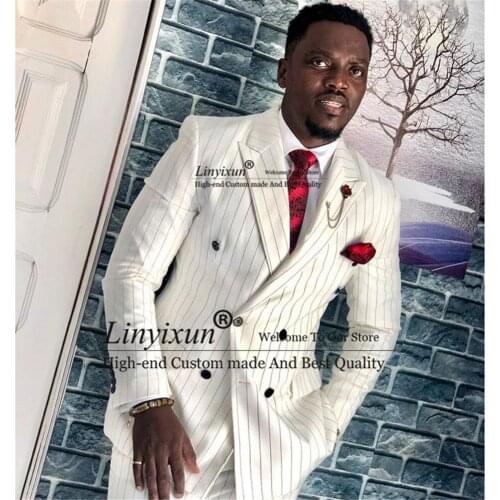 White Pinstripe Mens Suits Slim Fit Double Breasted Peaked Lapel Business Blazer Wedding GroomTuxedos 2 Pieces Jacket Pants
