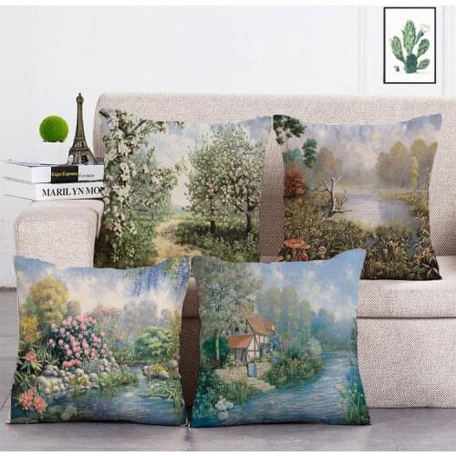 Country Scenery Oil Painting Printing Cushion Cover Linen Cotton Living Room Garden Decoration Throw Pillow Case T308