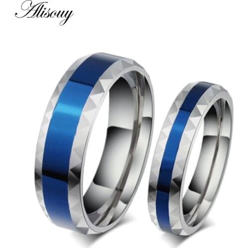Alisouy lover rings wedding ring Steel&Blue simple pattern couple rings promise love for engagement jewelry love forever ring