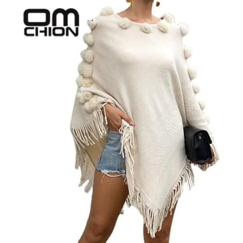 OMCHION Pull Femme 2021 Korean Cape Shawl Hair Ball Round Neck Pullover Solid Color Knitted Sweater For Women Jumper Poncho