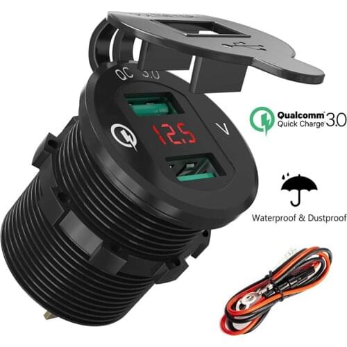 QC 3.0 Car Power Outlet Marine Cigarette Lighter Adapter Dual USB Charger Socket LED Voltmeter For 12V/24V Boat Motocycle#292506
