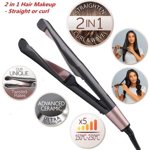 Professional 2 in 1 hair curler and straightener Twist curling iron barber salon flat irons styler Tourmaline ceramic LED