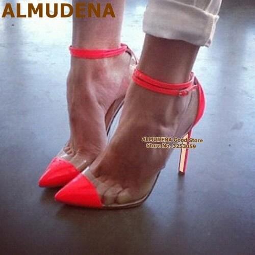 ALMUDENA Clear PVC High Heel Shoes Red Neon Yellow Pointed Toe Patchwork Wedding Shoes Stiletto Heels Buckle Strap Banquet Pumps