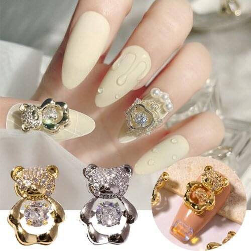 1Pc Shiny Gold Silver Zircon Alloy Bear 3D Nail Art Decorations With Heart Crystal Luxury Jewelry Manicure Design Accessories