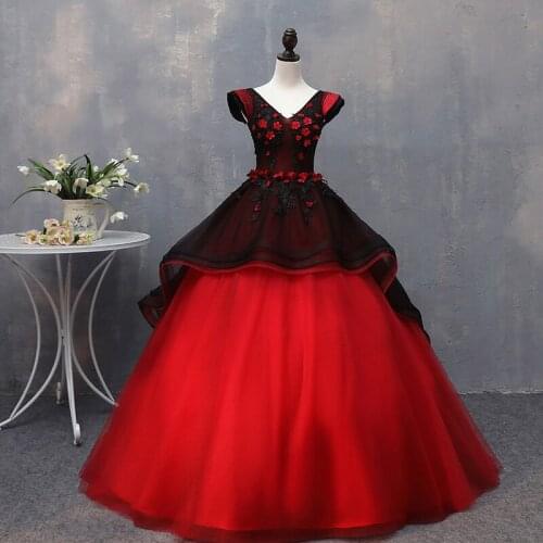 Vintage Custom Made Long Ball Gown Black&Red Quinceanera Dress Princess Plus Size V-Neck Floor Length Abendkleider Evening Gonws