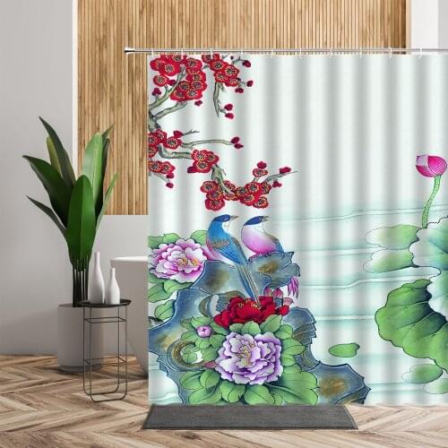 Chinese Style Flower Bird Shower Curtain Peony Red Plum Lotus 3D Printing Bathroom Decoration Waterproof Bath Curtains With Hook
